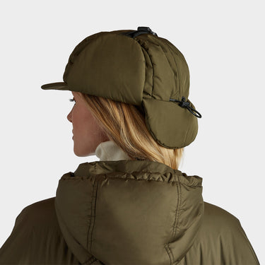 Olive Arctic Aviator side back view flaps up on model