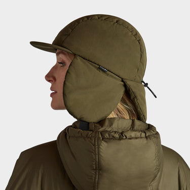 Olive Arctic Aviator side back view flap downs on model 