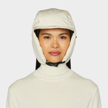 Ecru Arctic Aviator front view flaps down on model