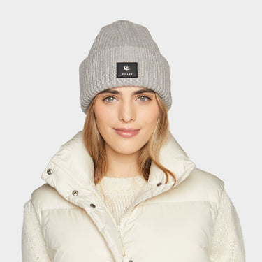 Grey Alpine Beanie front view on model