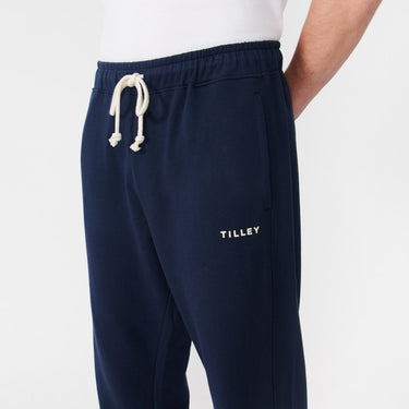 Navy Men's Organic French Terry Jogger cord close up on model