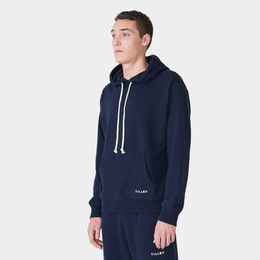 Navy Men's Organic French Terry Hoodie side view on model