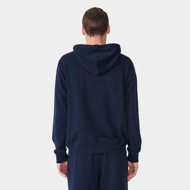 Navy Men's Organic French Terry Hoodie back view on model