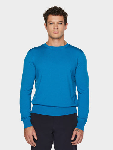 Blue Men's Stretch Merino Crew front view on model