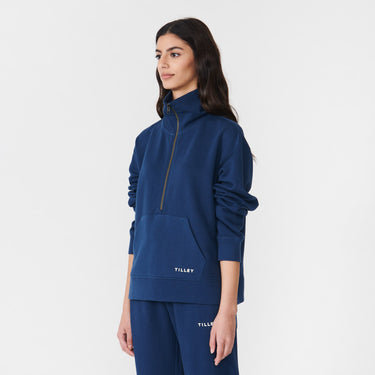 Dark Blue Women's Organic French Terry Quarter Zip side view on model