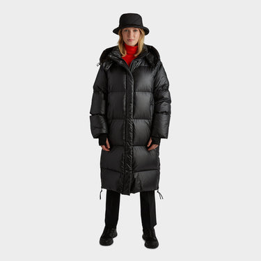 Black Black Arctic Long Puffer Coat Women full front view on model