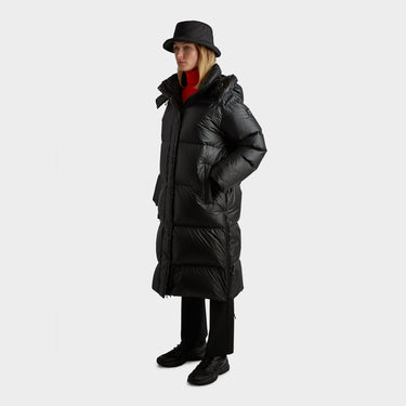 Black Black Arctic Long Puffer Coat Women full side view on model